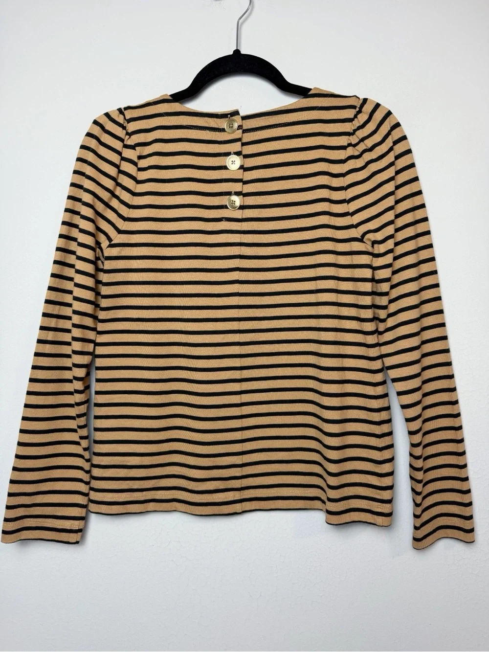 J. Crew Camel/Black Stripe Puff Sleeve Button Back Top